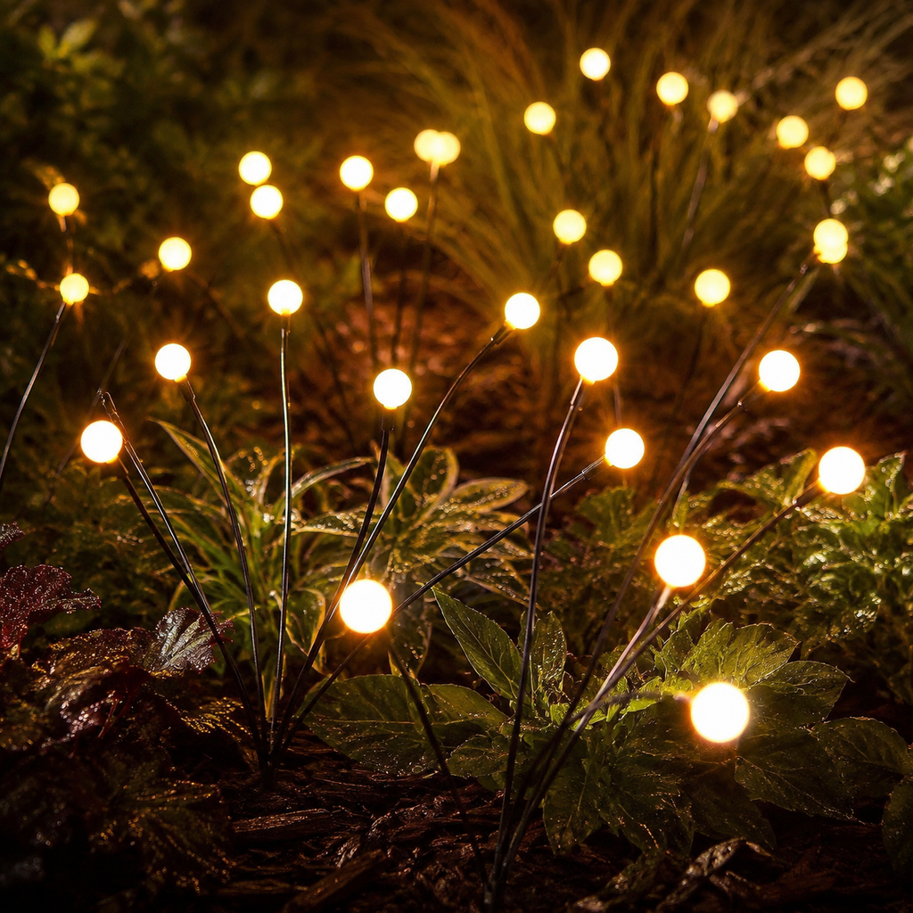 Solar garden lights glowing among wet plants in an American garden bed