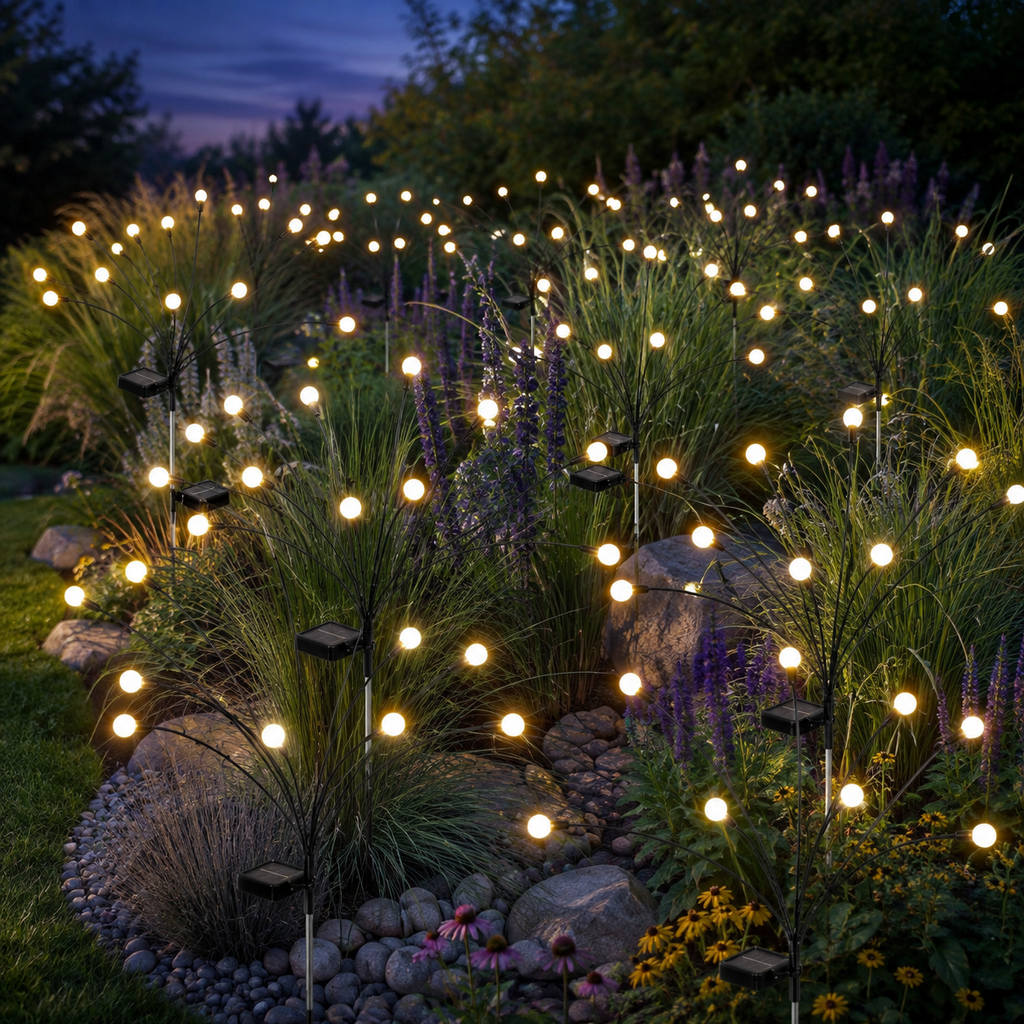 Solar garden lights spread through an ornamental American garden border