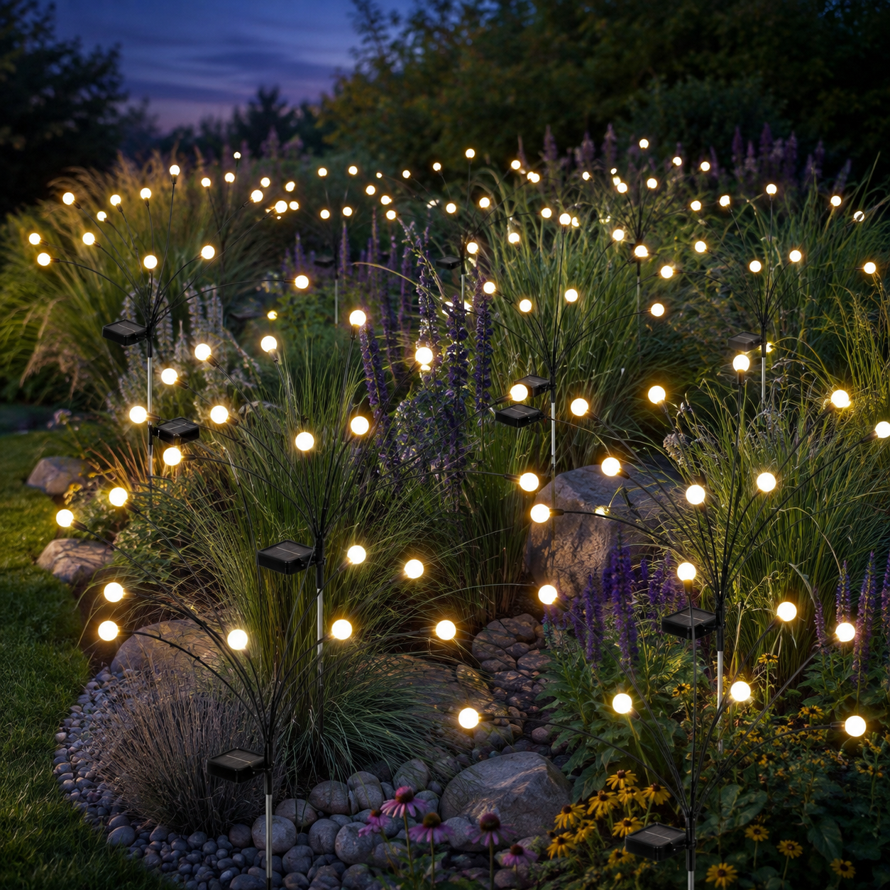 Solar garden lights spread through an ornamental American garden border
