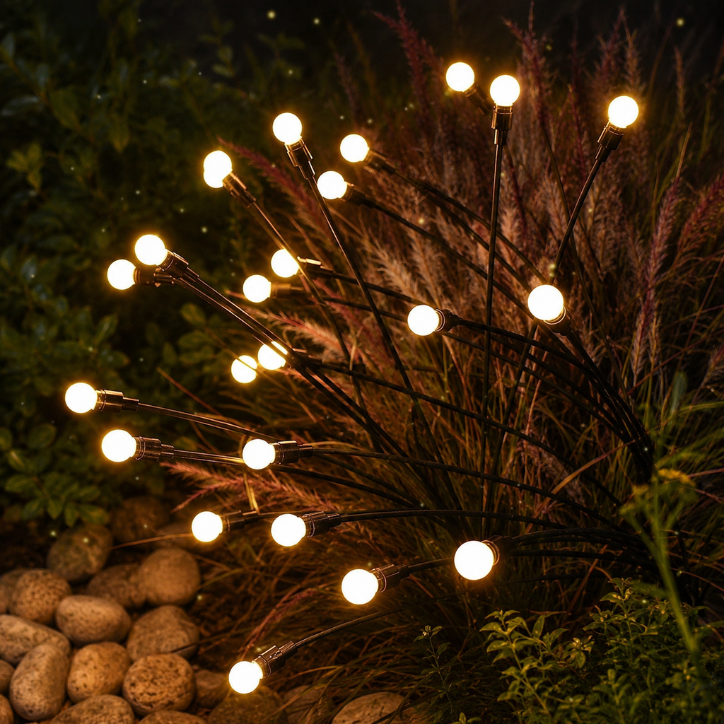 Close view of solar garden light stems glowing among fountain grass