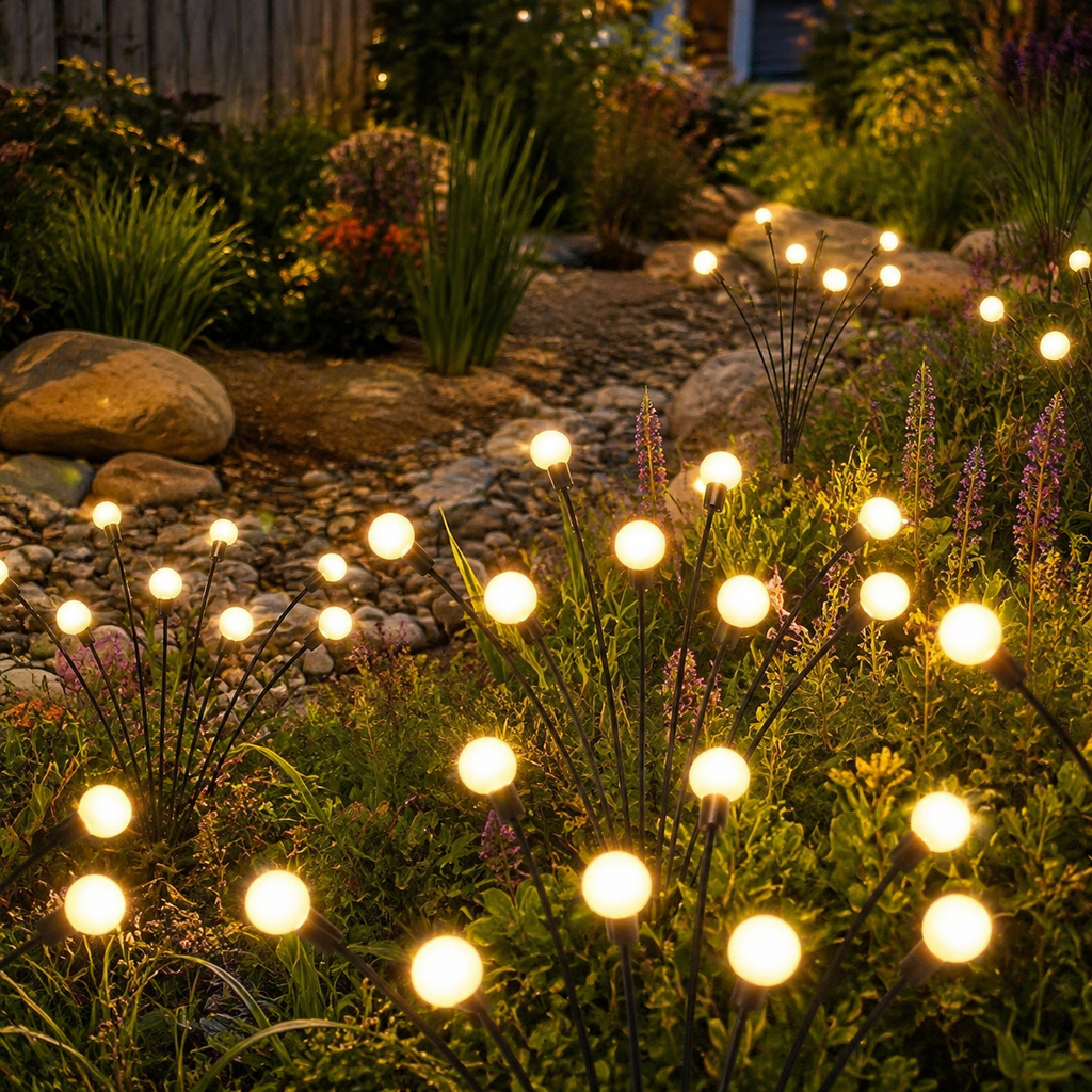 Solar garden lights lining a stone edged American backyard rain garden