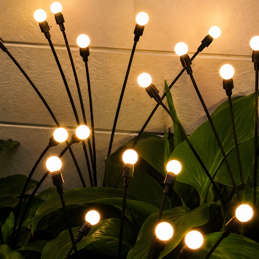Solar garden light stems glowing beside broad leaves and an ivory patio wall