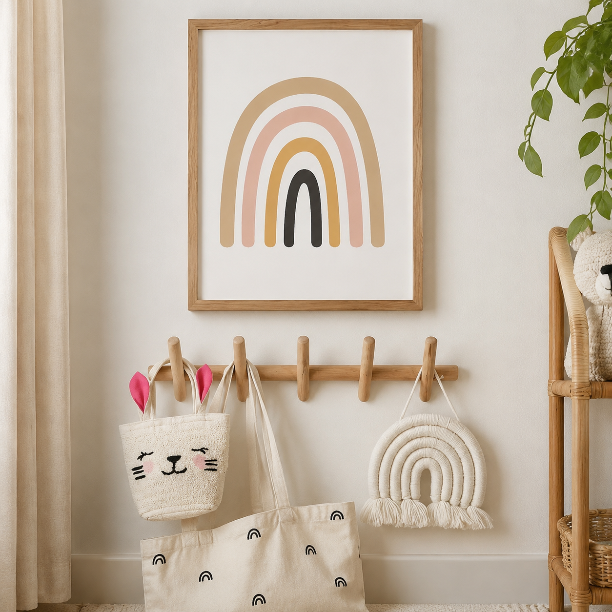 Solid oak five-peg wall rack product view 3