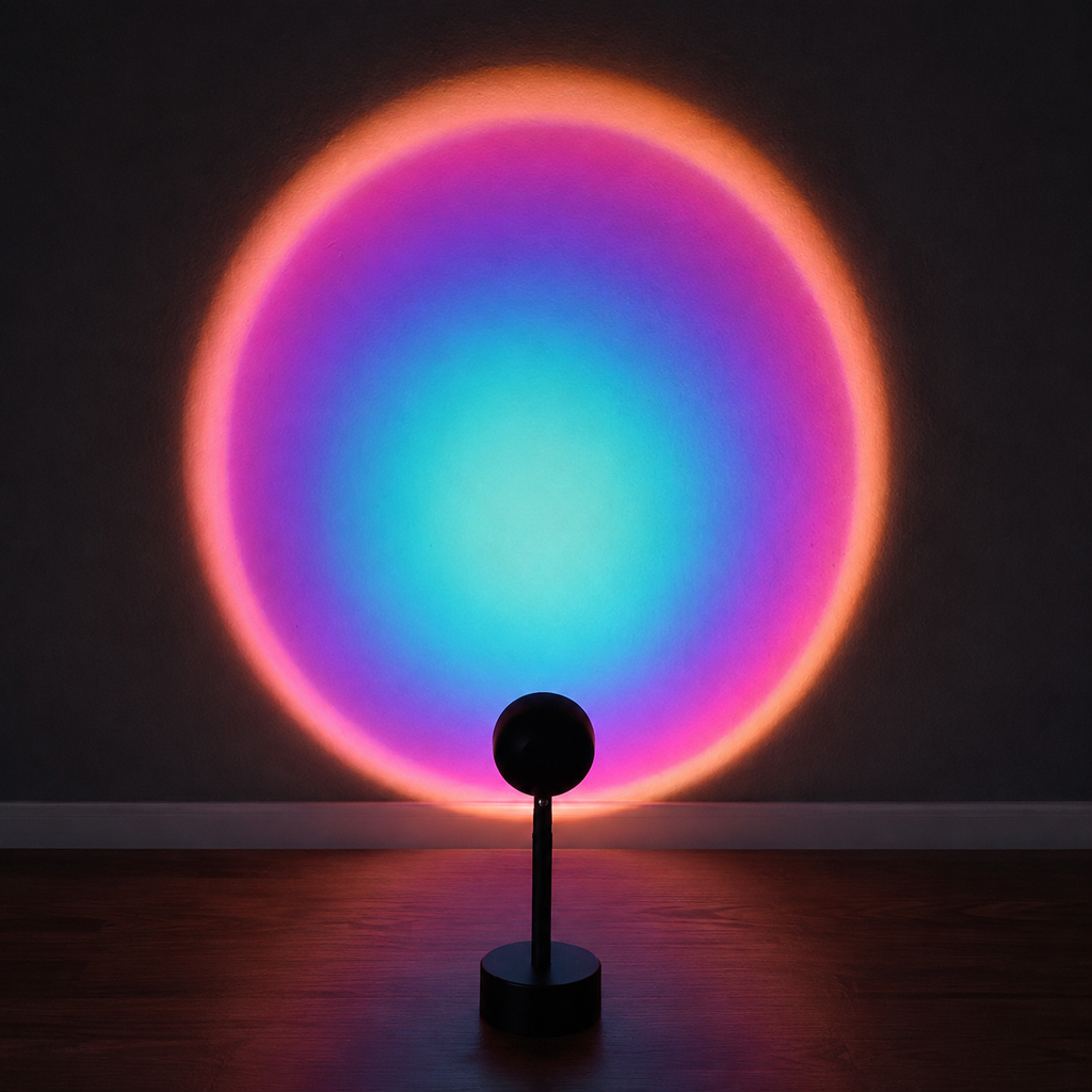 Black sunset projector lamp casting a multicolor circular halo on a dark wall
