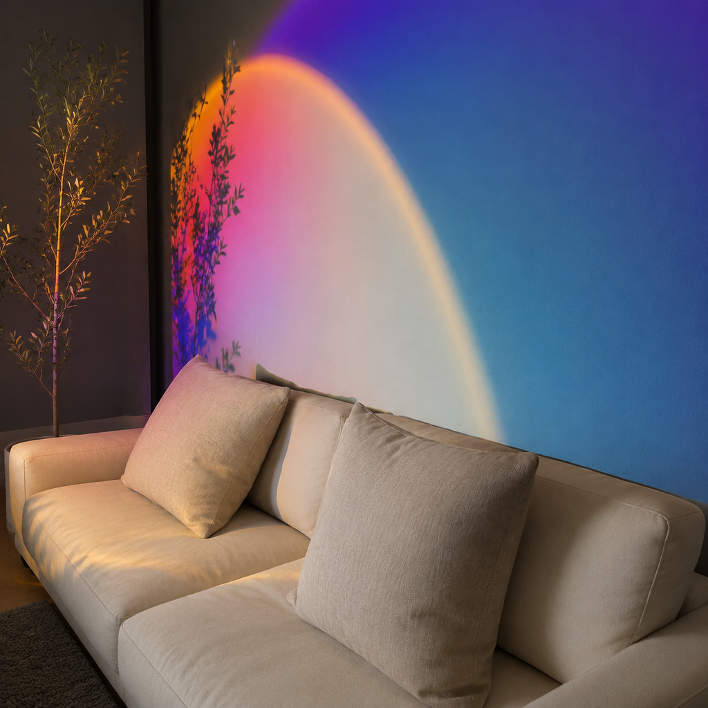 Blue and pink sunset halo behind an ivory sectional in a modern living room