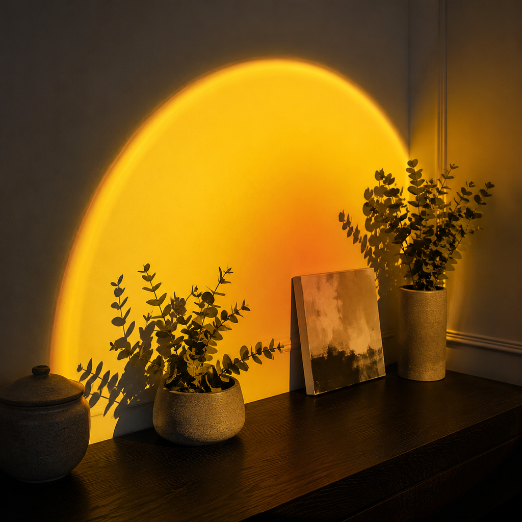 Warm yellow sunset halo illuminating eucalyptus on a dark console