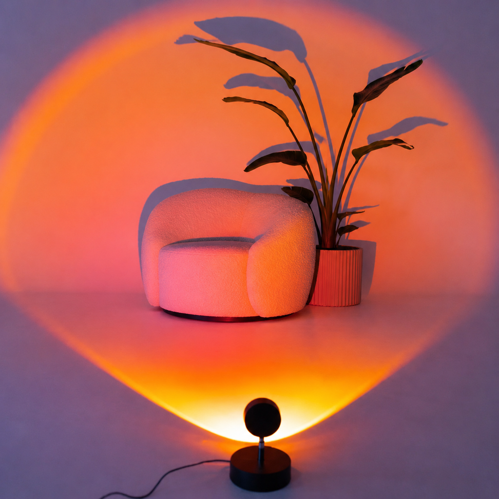 Black sunset projector lamp illuminating a boucle chair with an amber halo