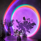 Layered rainbow sunset halo casting botanical shadows on a concrete wall