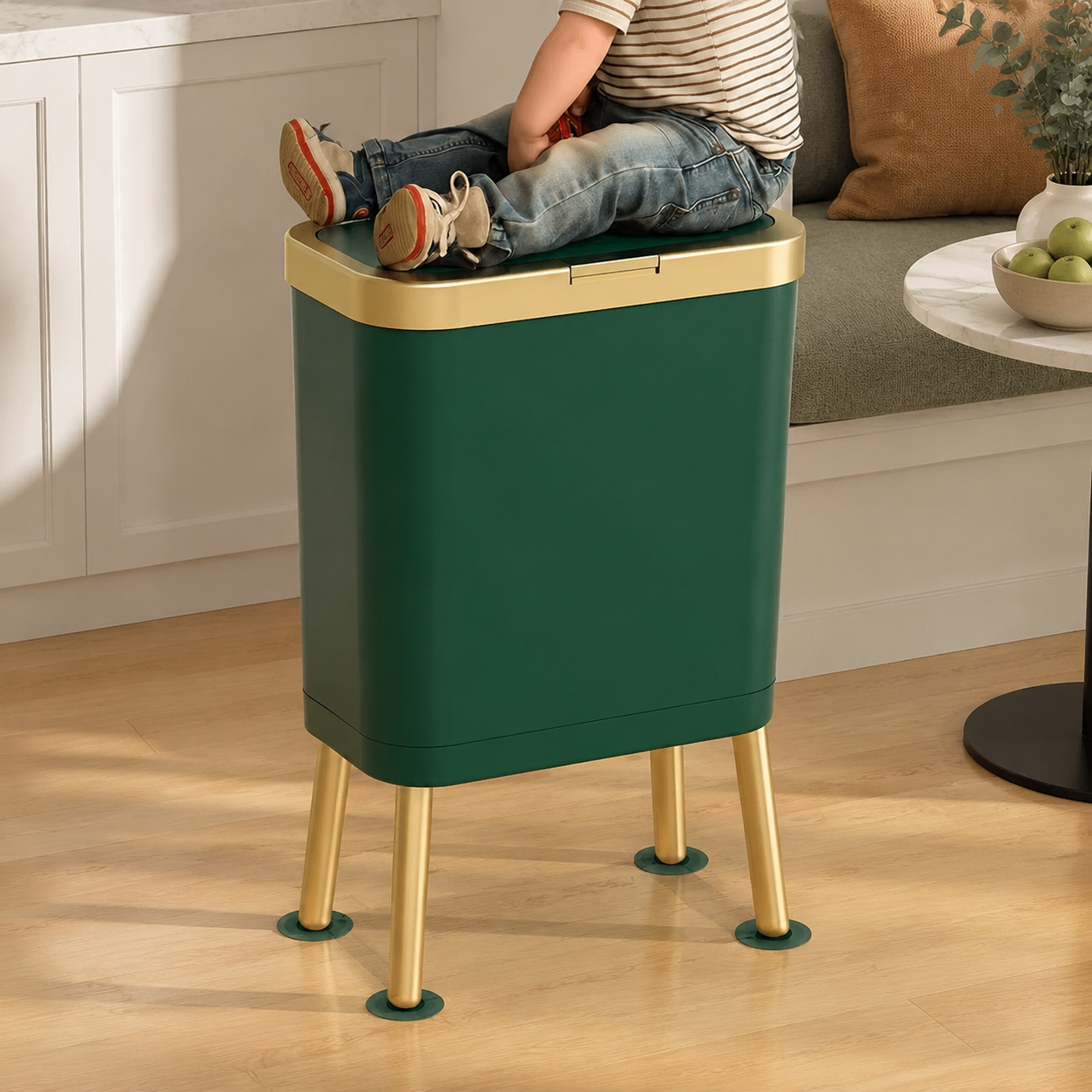 Deep green trash can used as a sturdy seat in a bright built-in breakfast nook.