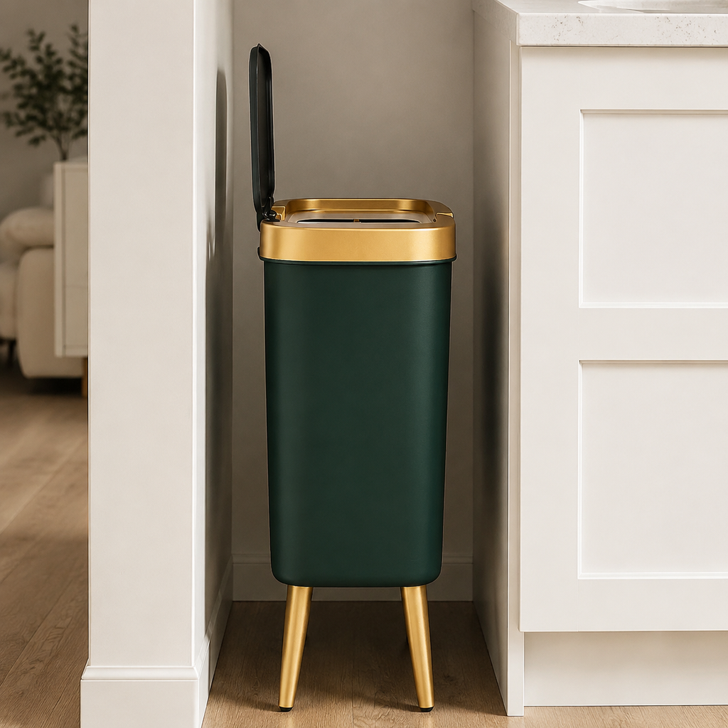Slim deep green trash can fitted into a narrow gap between white kitchen cabinets.