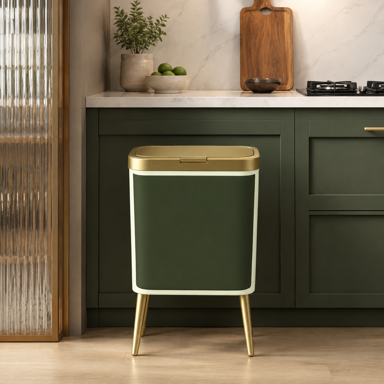 Deep green trash can with pale trim positioned before dark green kitchen cabinets.