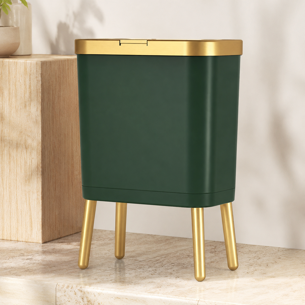 Deep green trash can variant with elevated gold legs beside a pale oak block.