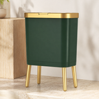 Deep green trash can variant with elevated gold legs beside a pale oak block.