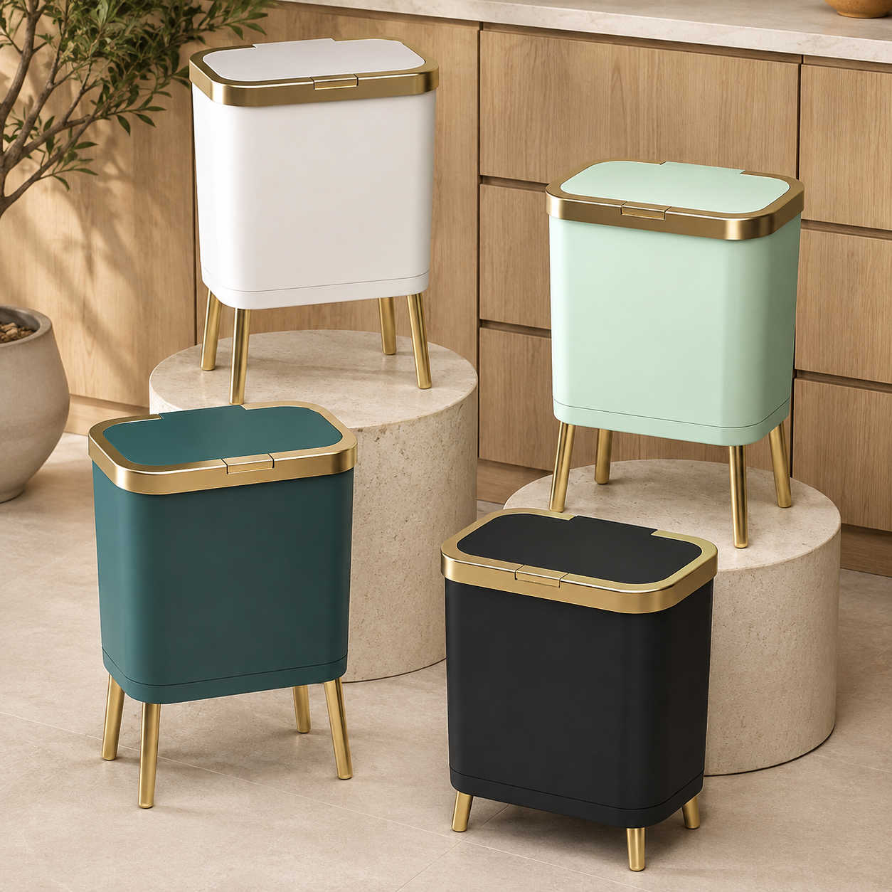 Four trash can colors displayed together in a modern kitchen with stone pedestals and oak cabinets.