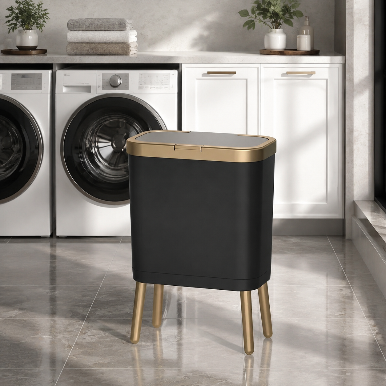 Black trash can with elevated gold legs in a bright American laundry room.