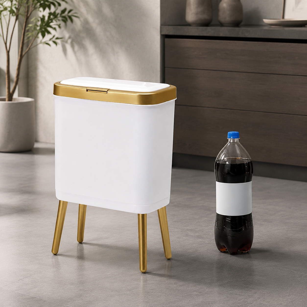 White trash can beside a bottle for scale in a minimalist studio kitchen setting.