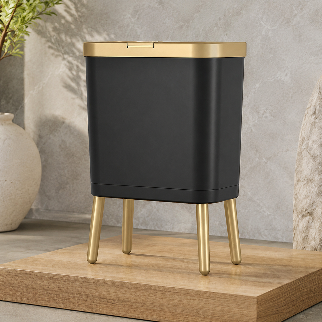 Black trash can with gold trim on a low oak studio platform.