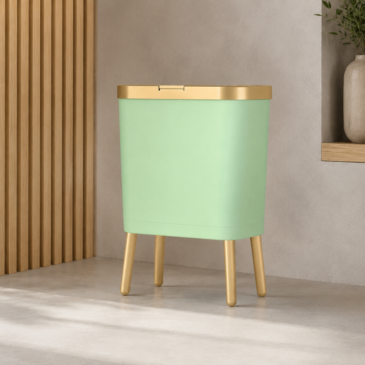 Light green trash can with gold trim against fluted oak and pale plaster.