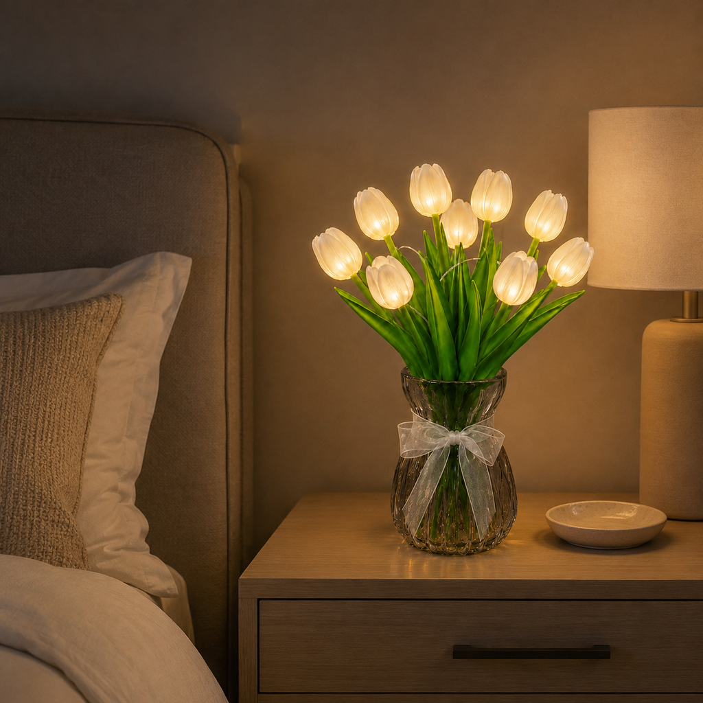 Battery-powered tulip bouquet lamp glowing on a modern bedroom nightstand