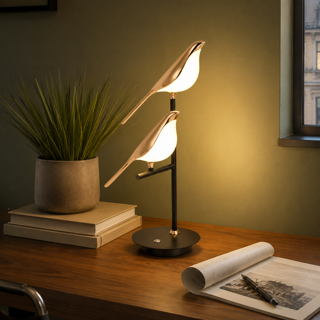 Sculptural two bird LED table lamp product view 2