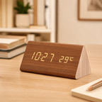 Brown triangular LED alarm clock on a pale oak home office desk