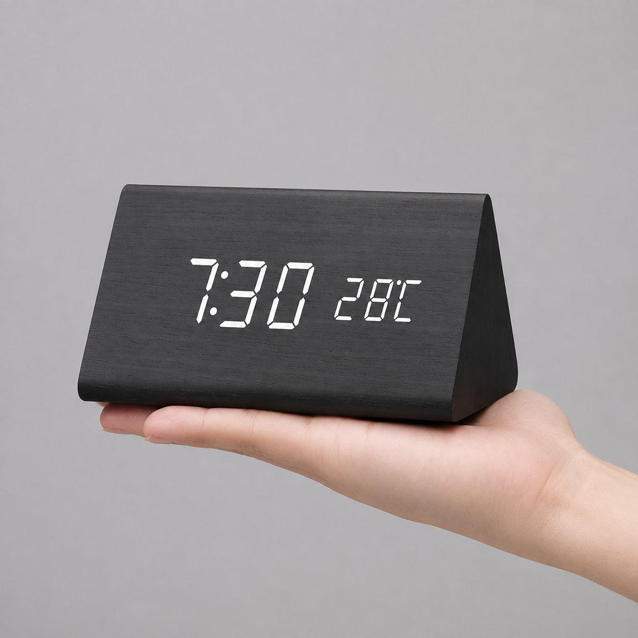 Black triangular LED alarm clock resting on an open hand