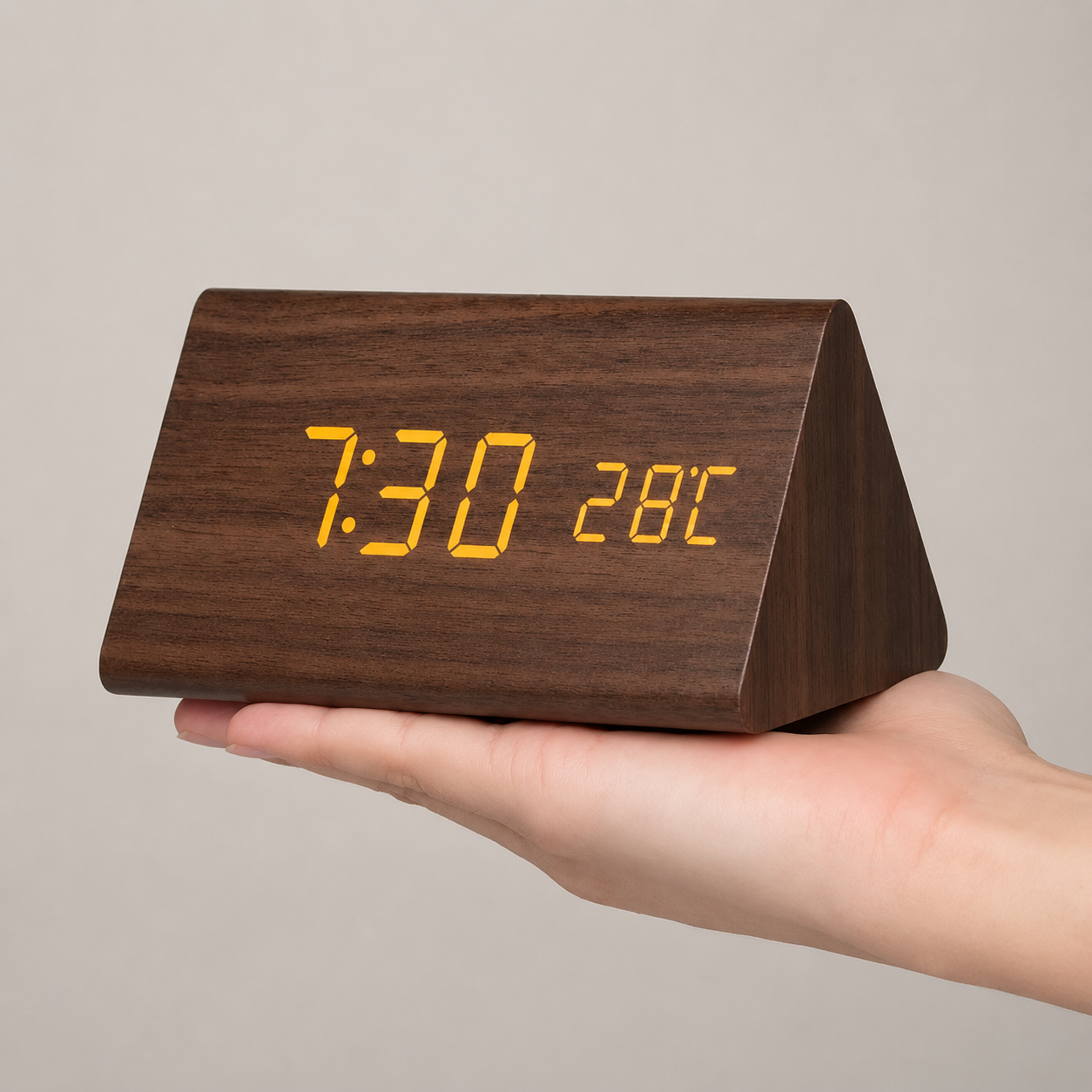Brown triangular LED alarm clock resting on an open hand