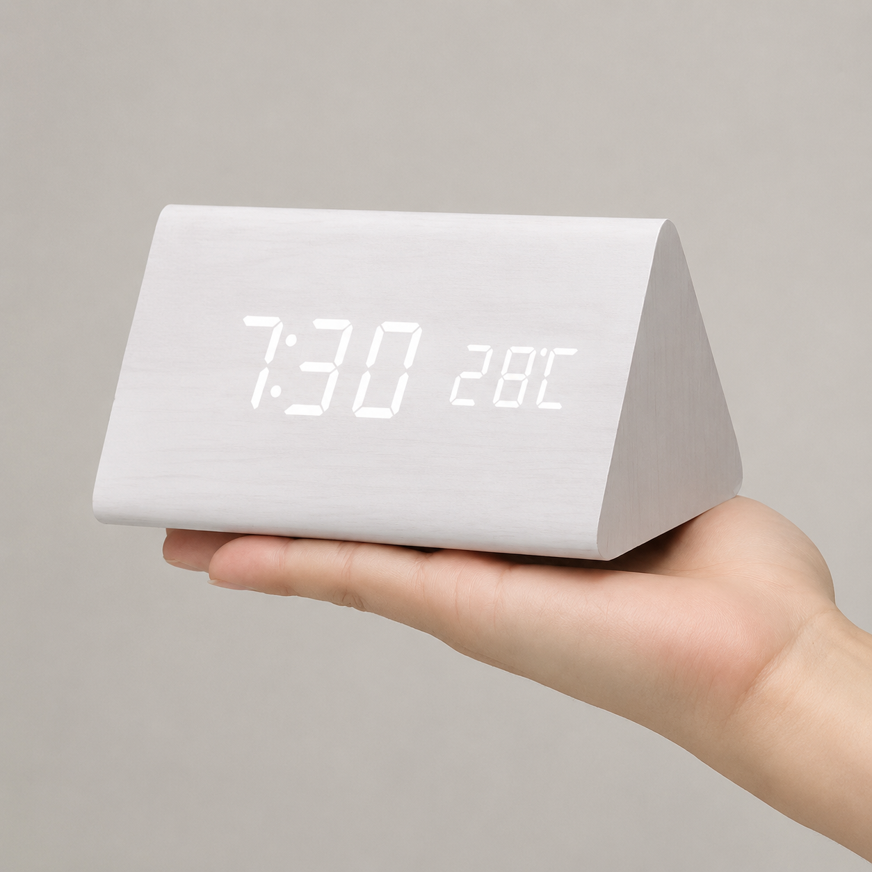 White triangular LED alarm clock resting on an open hand