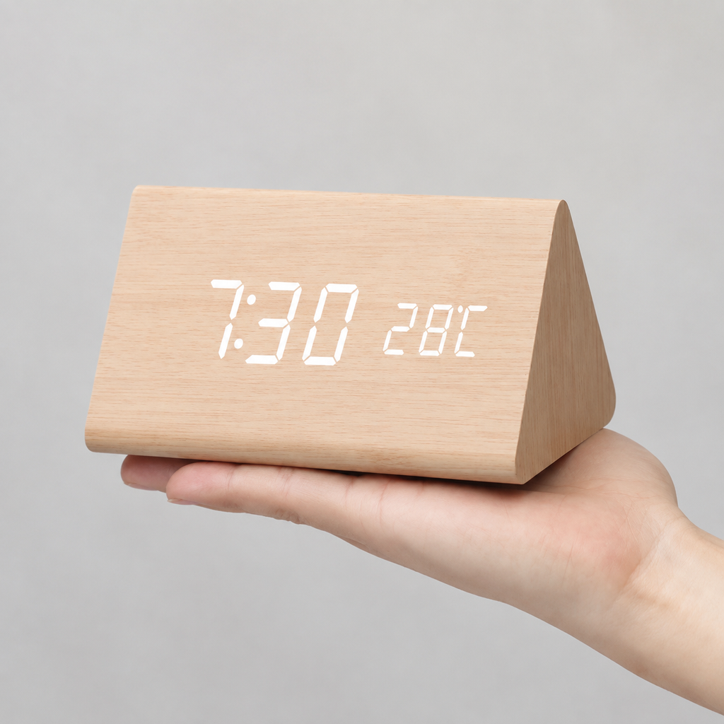 Natural wood triangular LED alarm clock resting on an open hand