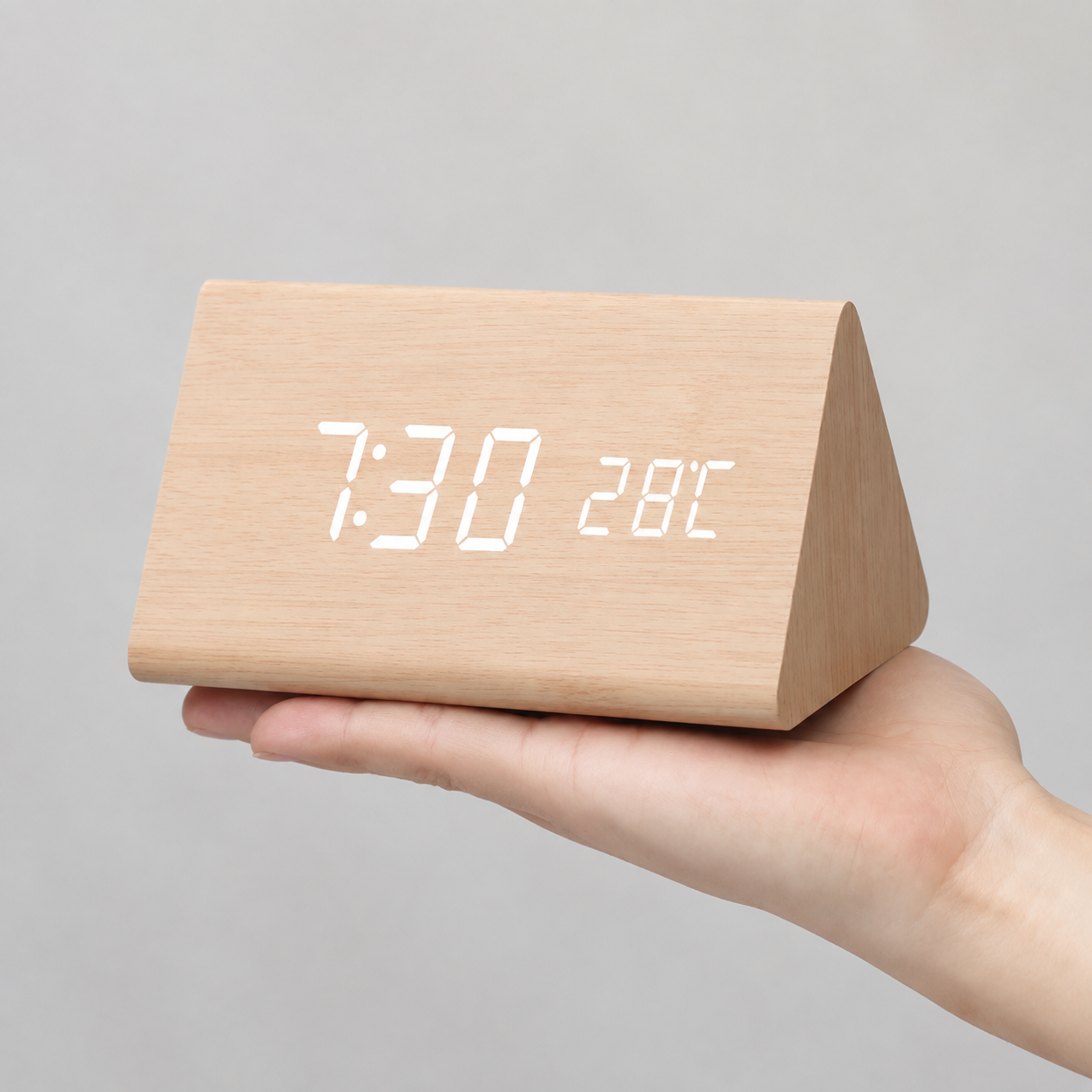 Natural wood triangular LED alarm clock resting on an open hand