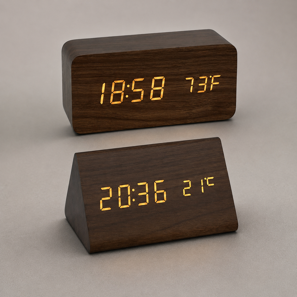 Brown block and triangular LED alarm clocks shown together