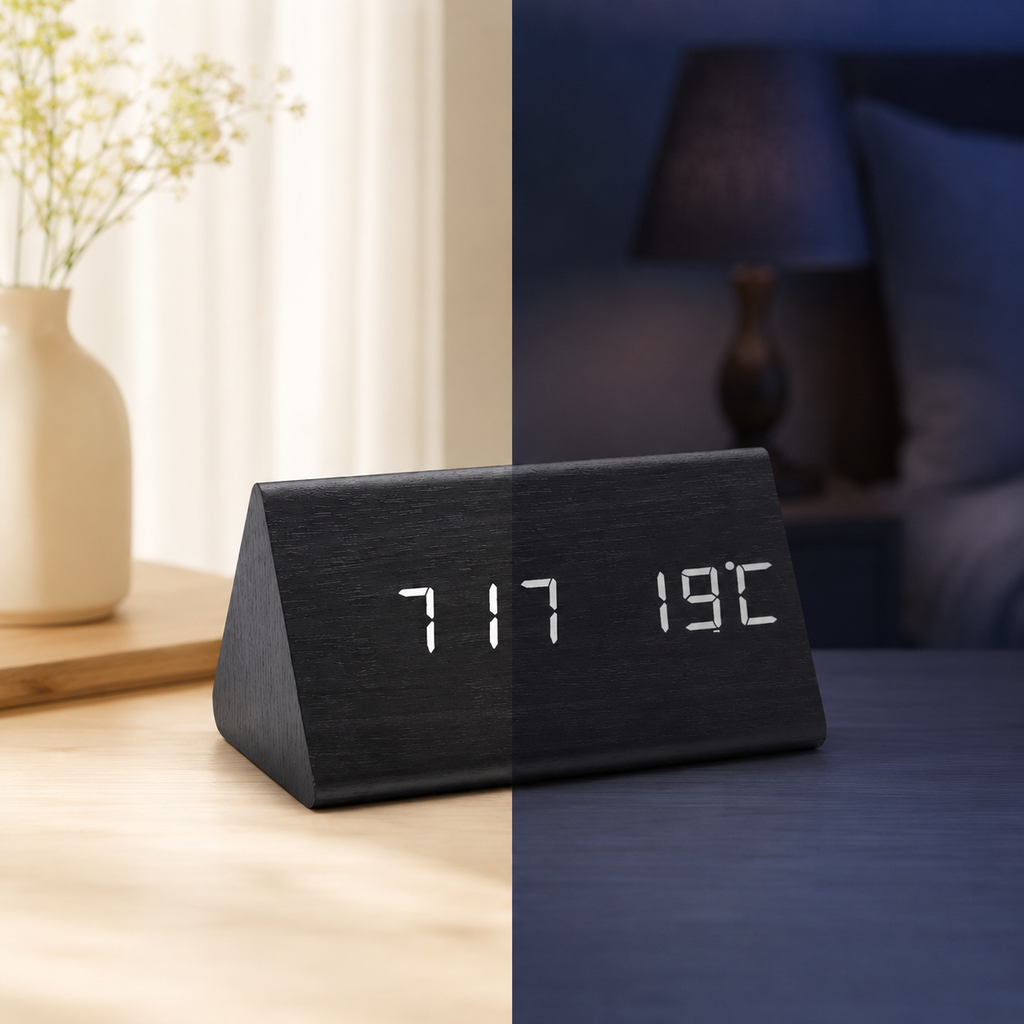 Black triangular LED alarm clock shown in daytime and nighttime lighting