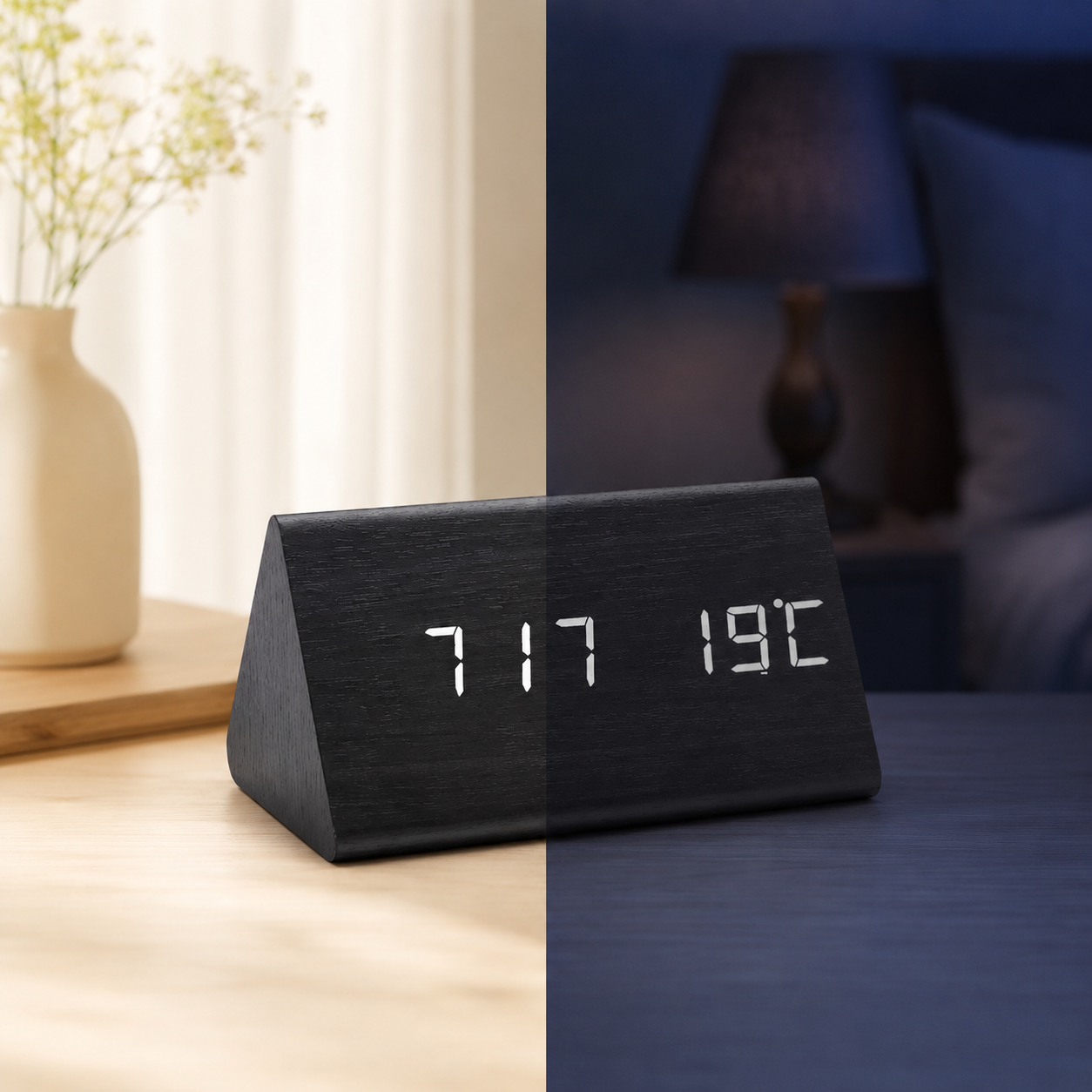 Black triangular LED alarm clock shown in daytime and nighttime lighting
