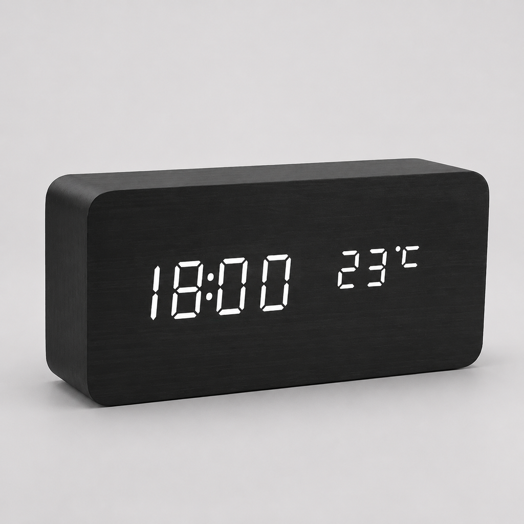 Black block LED alarm clock on a neutral gray studio background