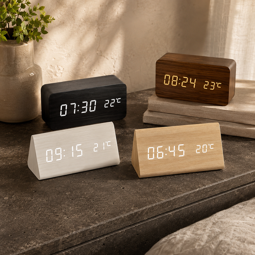 Voice controlled LED alarm clocks in black brown white and natural wood finishes