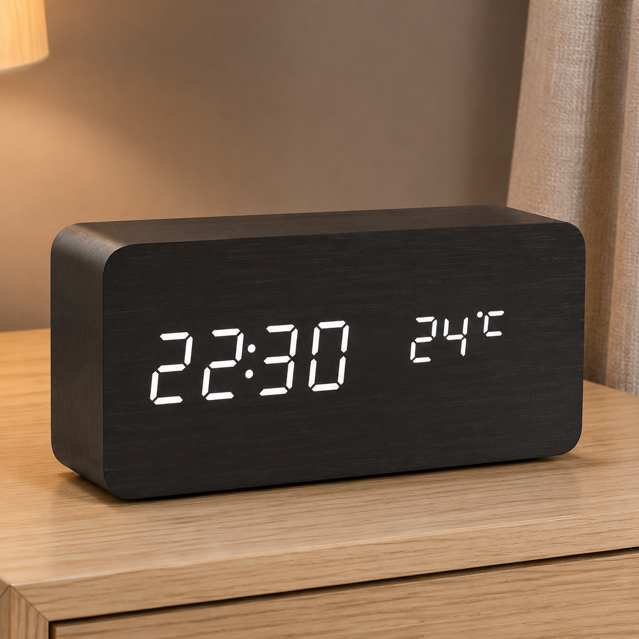 Black wood effect voice controlled LED alarm clock on a bedside table