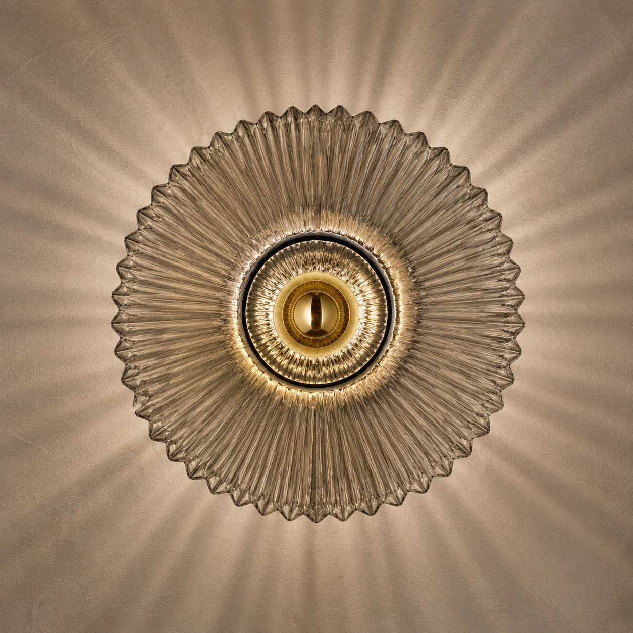 Front view of smoked gray ribbed glass wall sconce with radial light