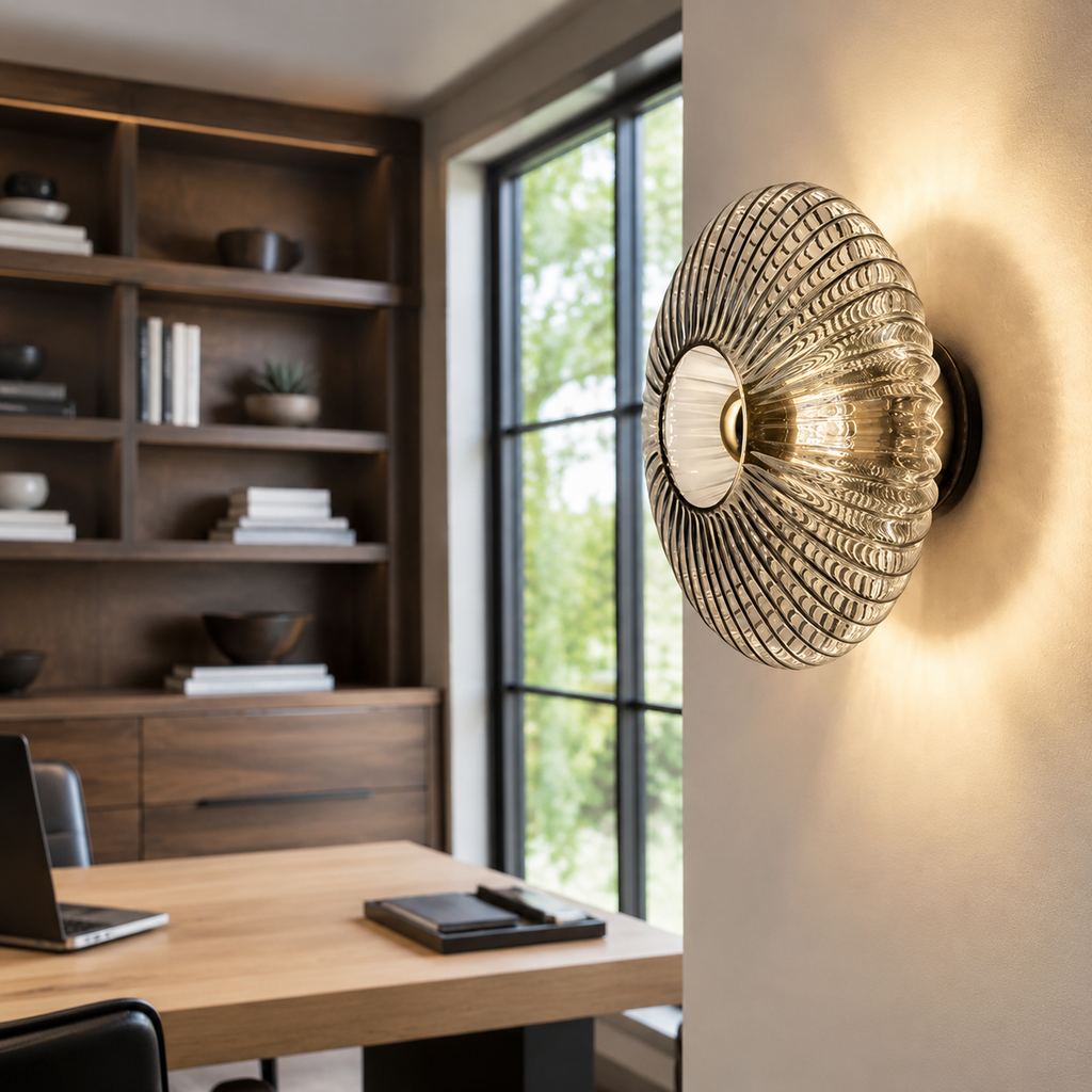 Smoked gray ribbed glass wall sconce in an American home office