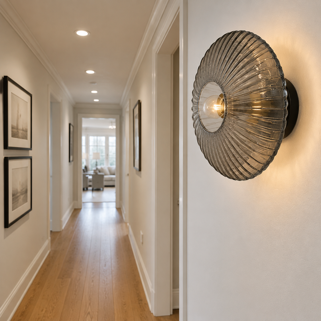 Smoked gray ribbed glass wall sconce along a bright American hallway