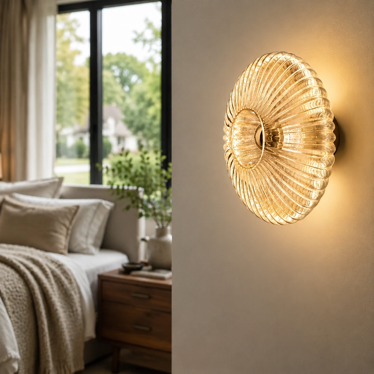 Cream ribbed glass wall sconce beside a neutral American bedroom