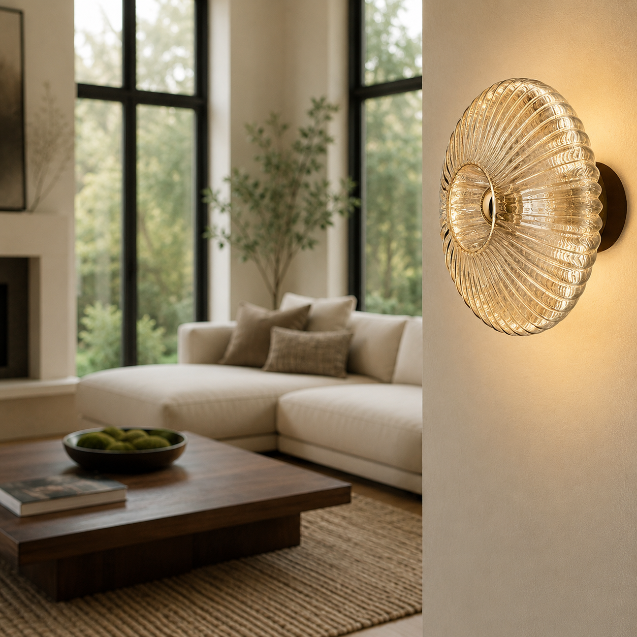 Cognac brown ribbed glass wall sconce in an American living room