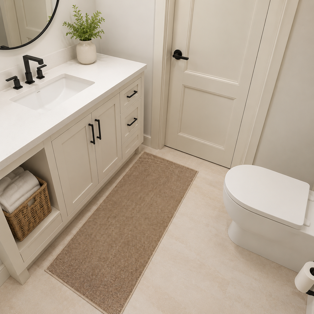 Khaki faux sisal runner rug beside a white American bathroom vanity