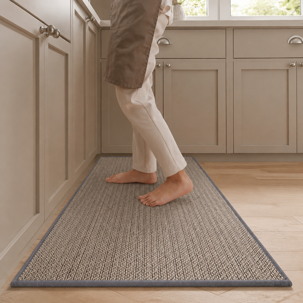 Gray faux sisal kitchen runner rug with a dark bound edge