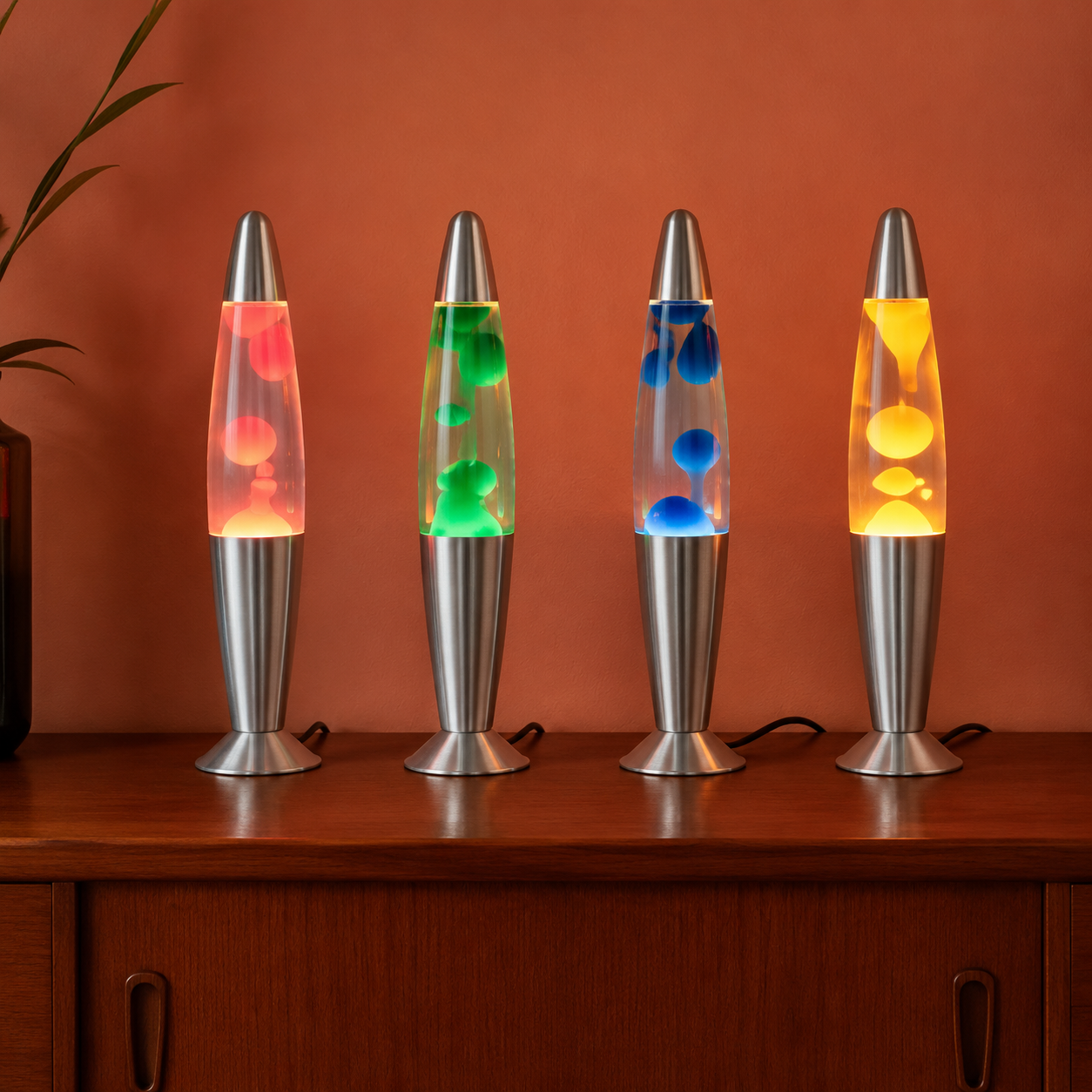 Red green blue and orange lava lamps glowing on a mid-century console
