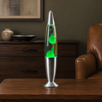 Green wax motion lava lamp glowing in a muted American den