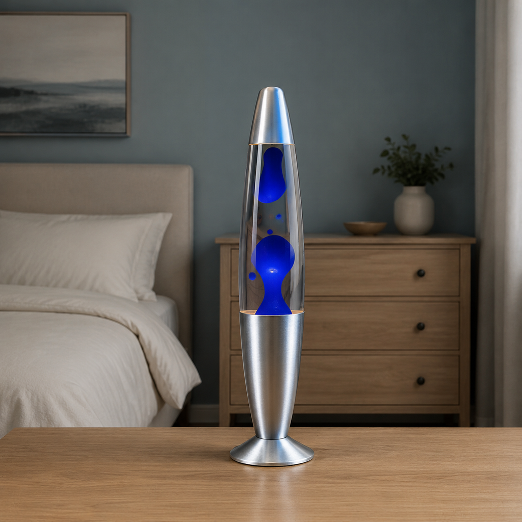 Blue wax motion lava lamp glowing on a white oak bedroom dresser