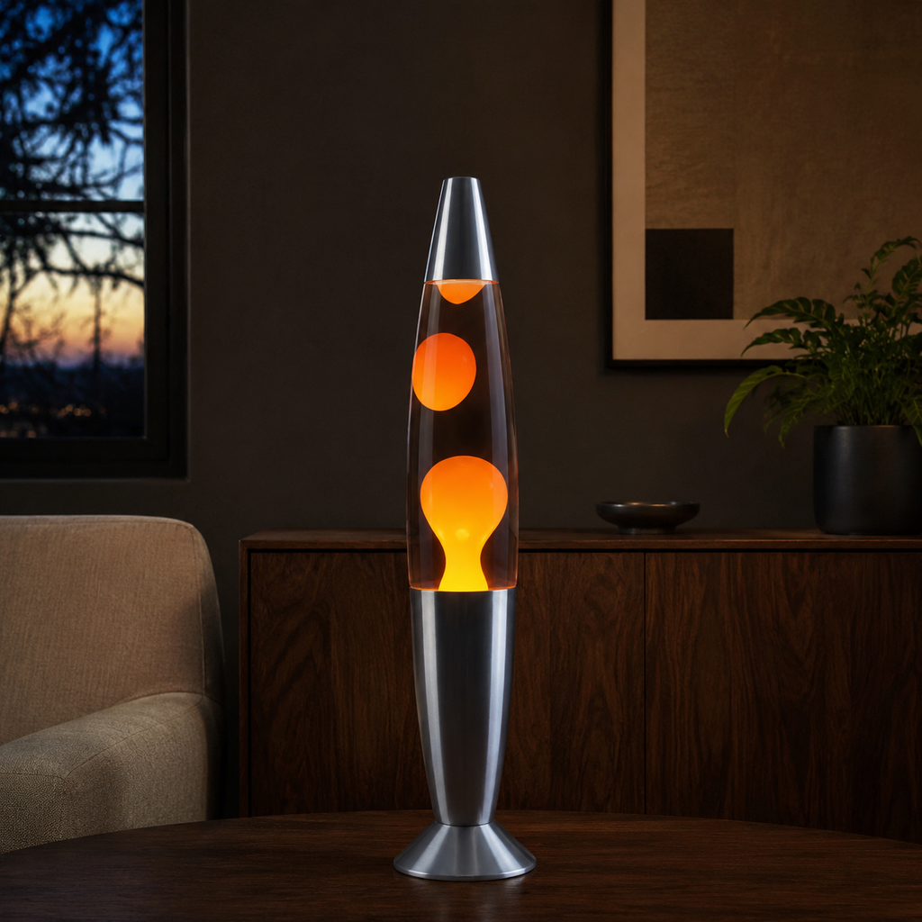 Orange wax motion lava lamp glowing in an American lounge at dusk
