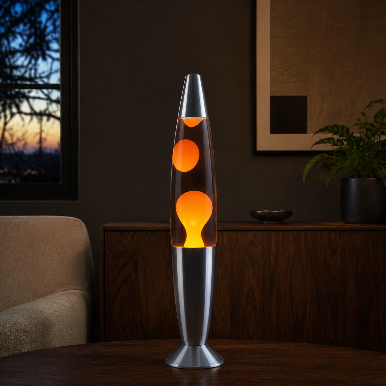 Orange wax motion lava lamp glowing in an American lounge at dusk