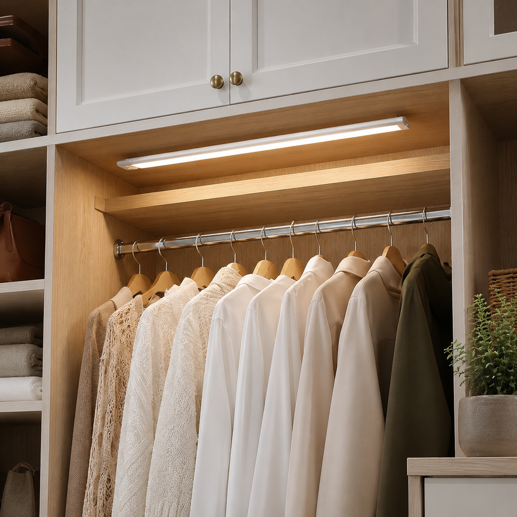 Silver wireless motion sensor LED bar glowing inside an American built-in closet