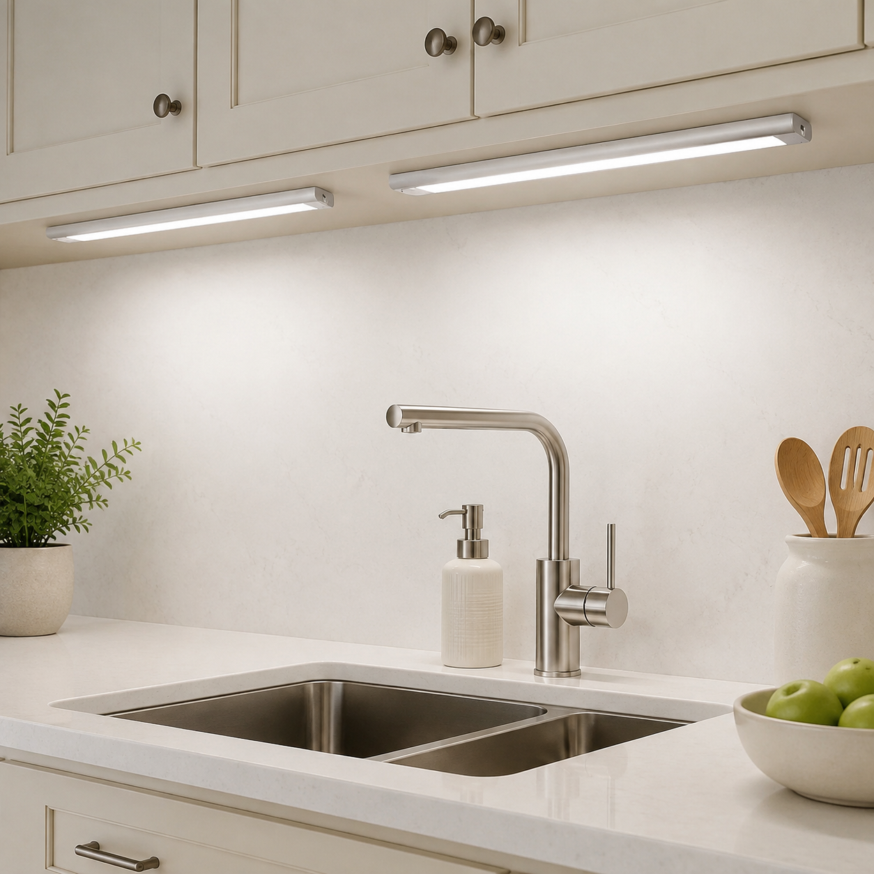Three silver wireless motion sensor LED bars installed beneath kitchen cabinets